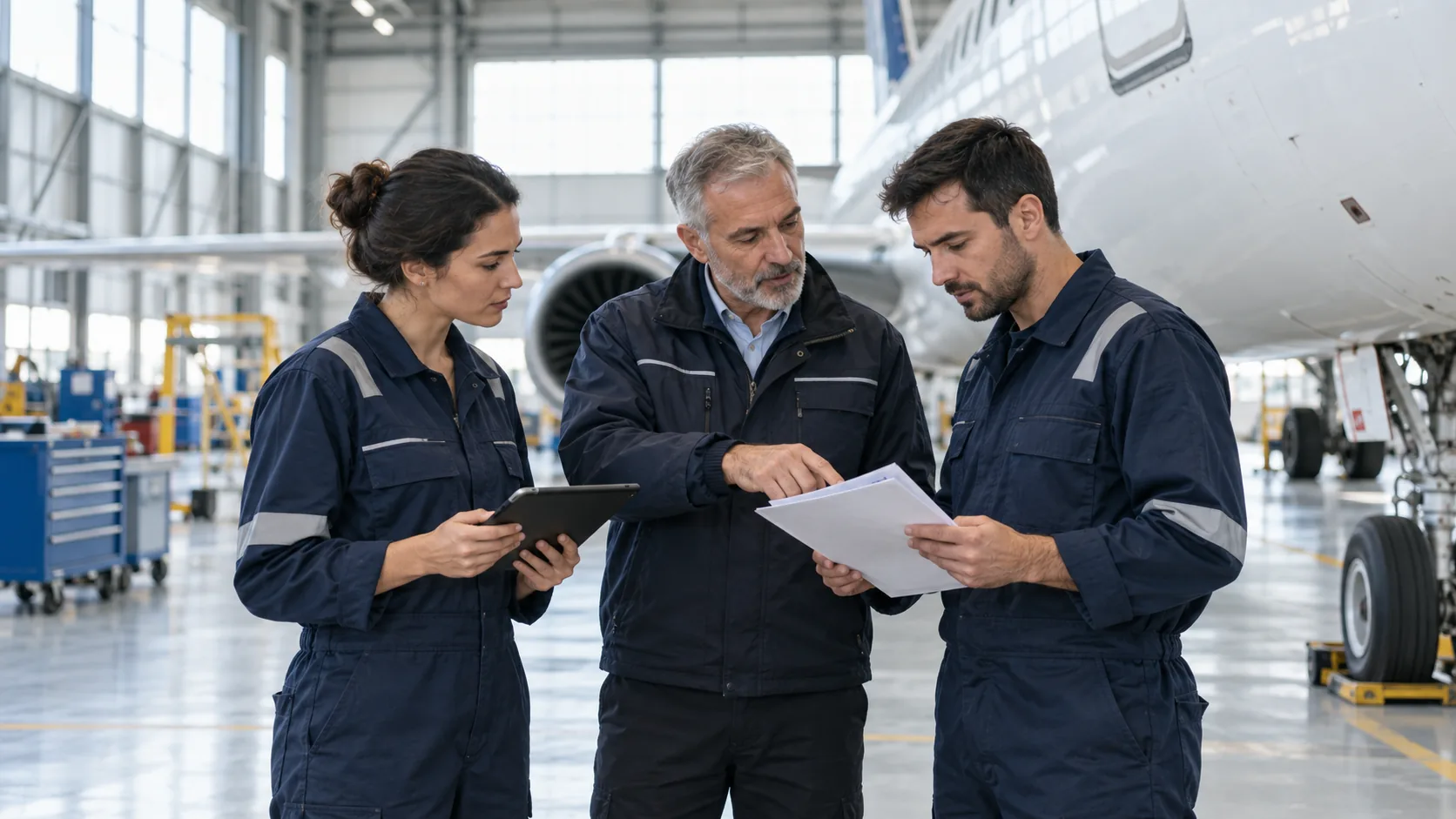 Aviation maintenance team reviewing a checklist beside an aircraft in a hangar