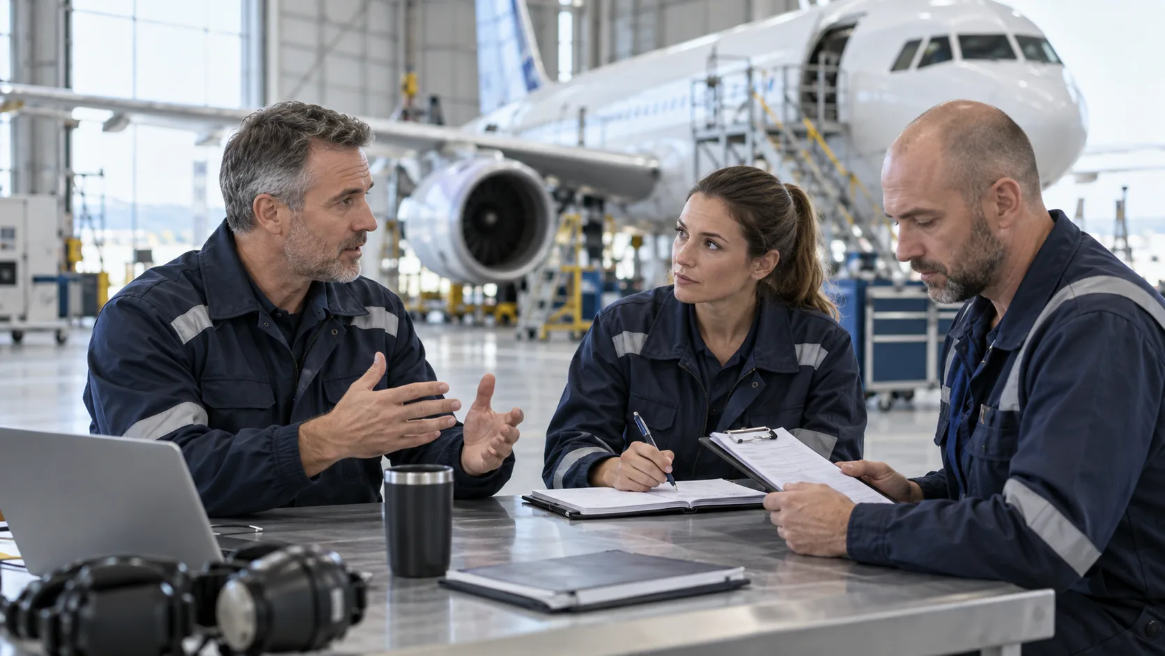 Experienced aviation maintenance professionals conducting a recurrent team briefing
