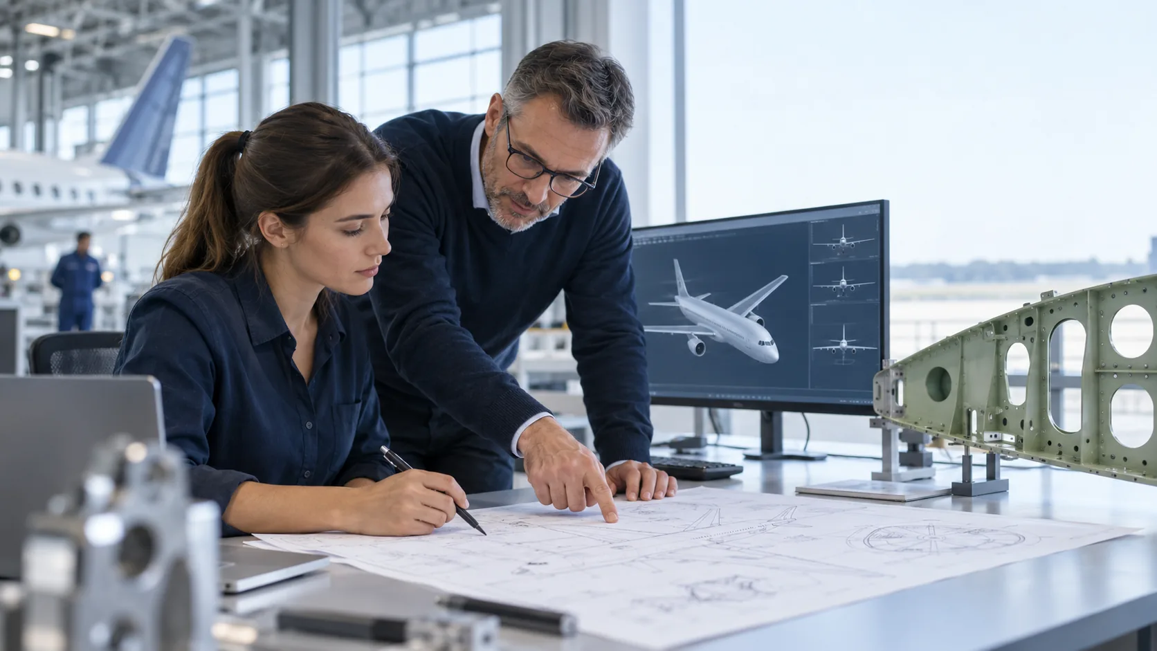 Aircraft design engineers reviewing an introductory technical drawing and CAD model