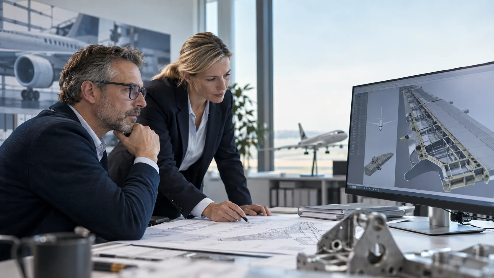 Senior aerospace engineers conducting an advanced aircraft design review