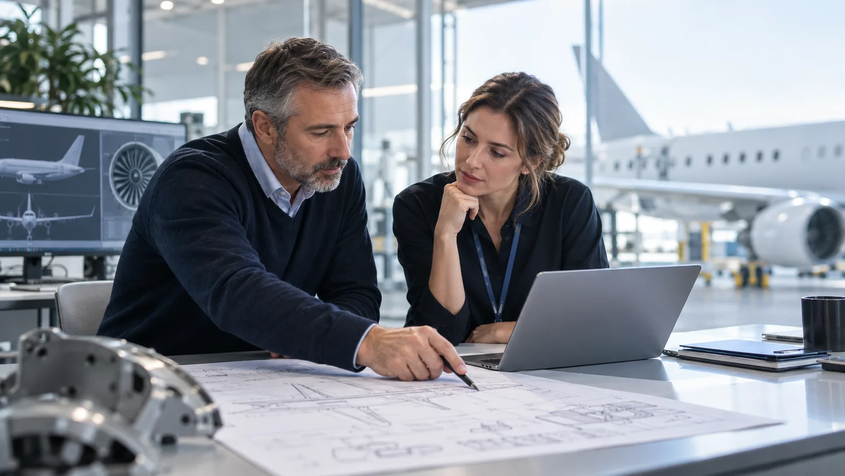 Experienced aerospace engineers reviewing updated aircraft design documentation