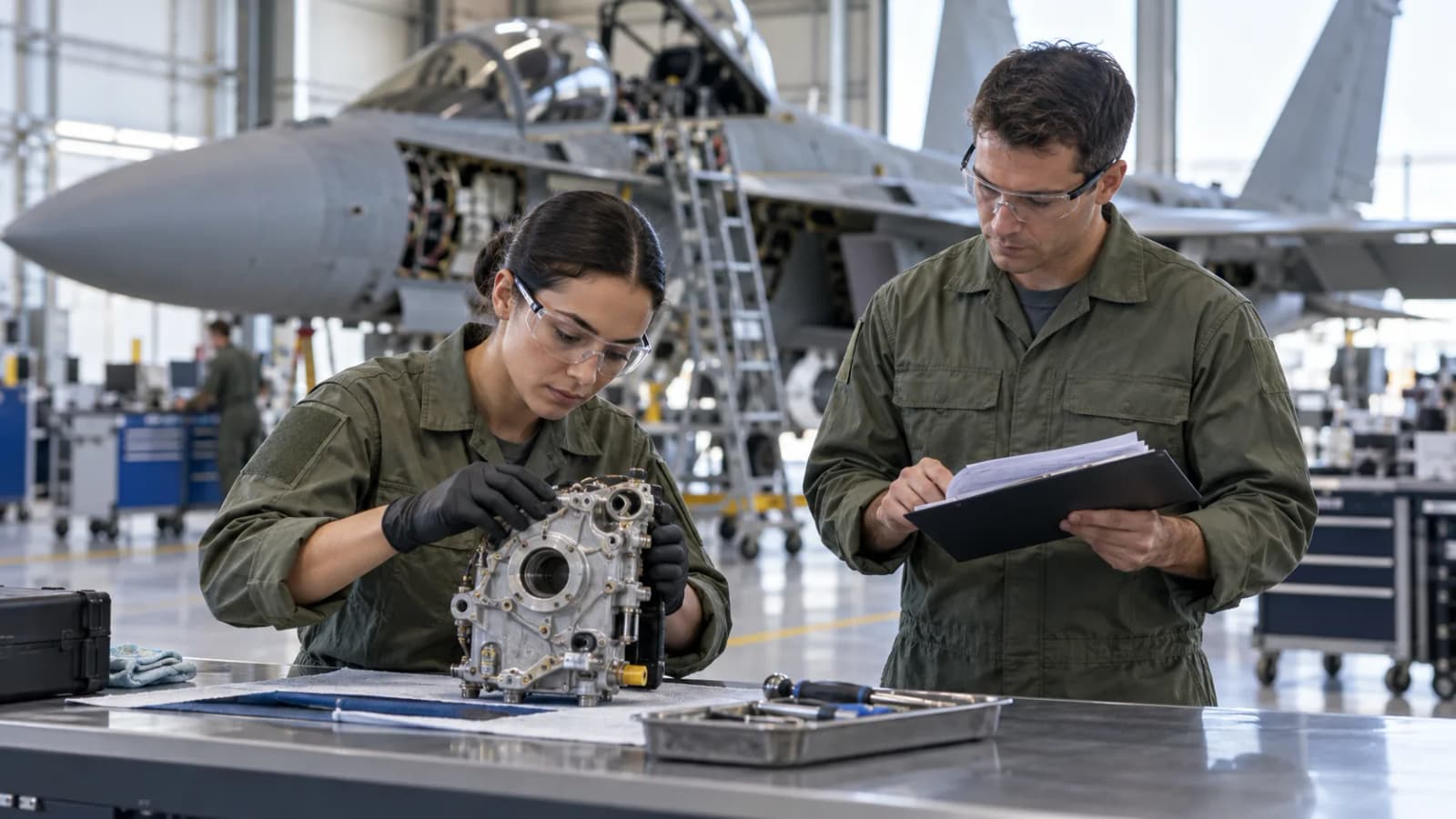 Military aviation maintenance technicians inspecting an aircraft component in a hangar
