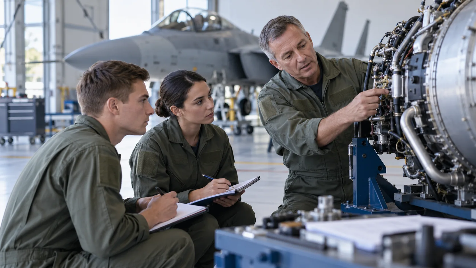 Military aviation maintenance instructor teaching technicians beside an aircraft system