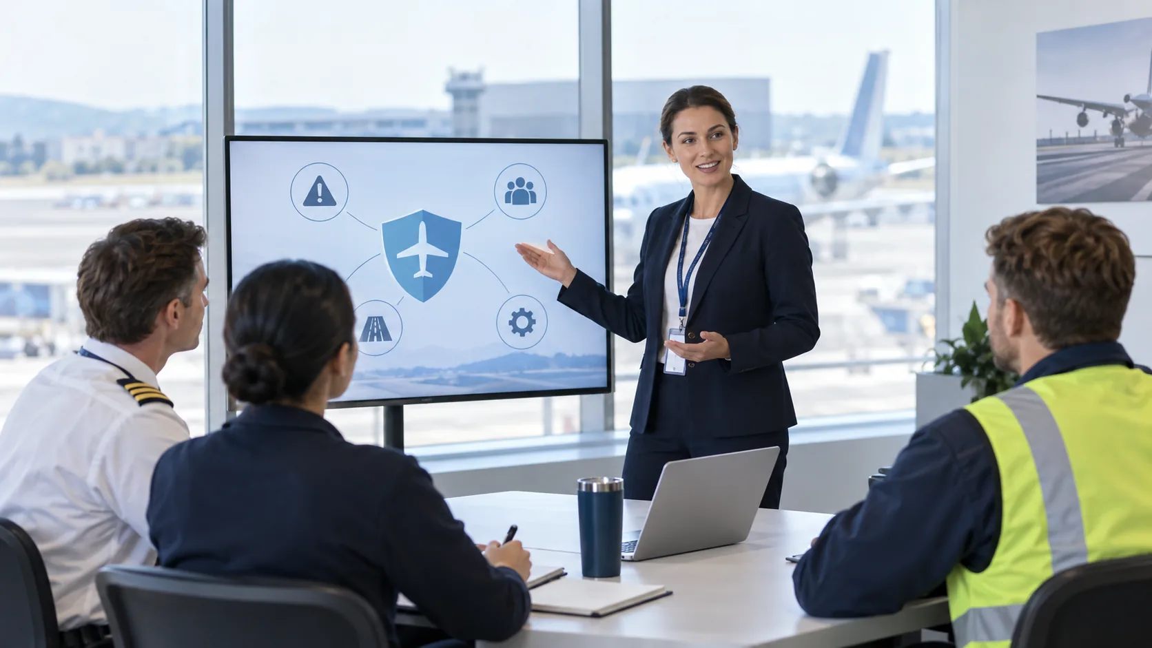 Aviation safety instructor leading an introductory briefing for aviation staff