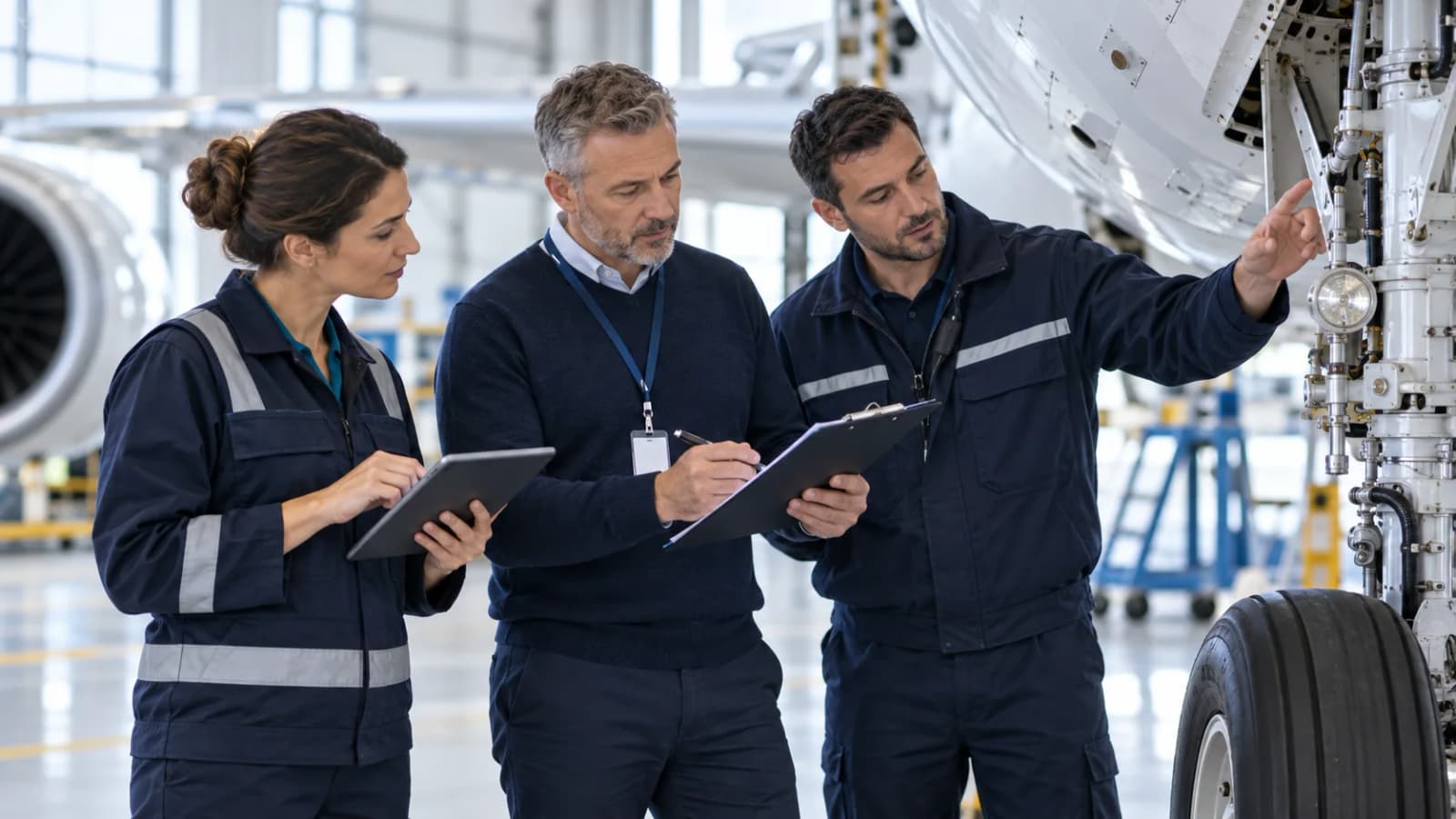 Aviation auditor and maintenance professionals reviewing quality and compliance evidence in a hangar