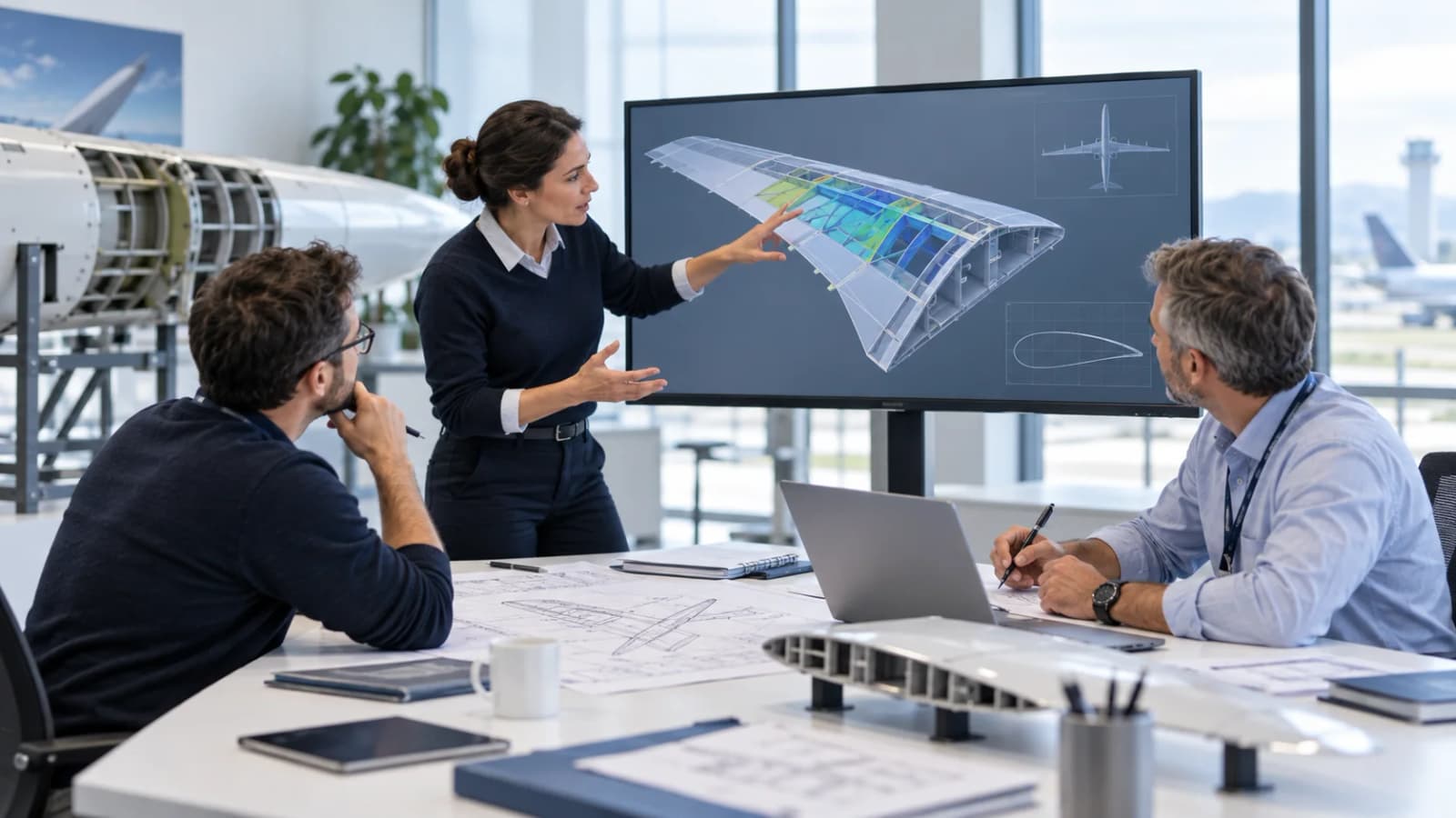 Aerospace engineers reviewing aircraft structural design and certification concepts