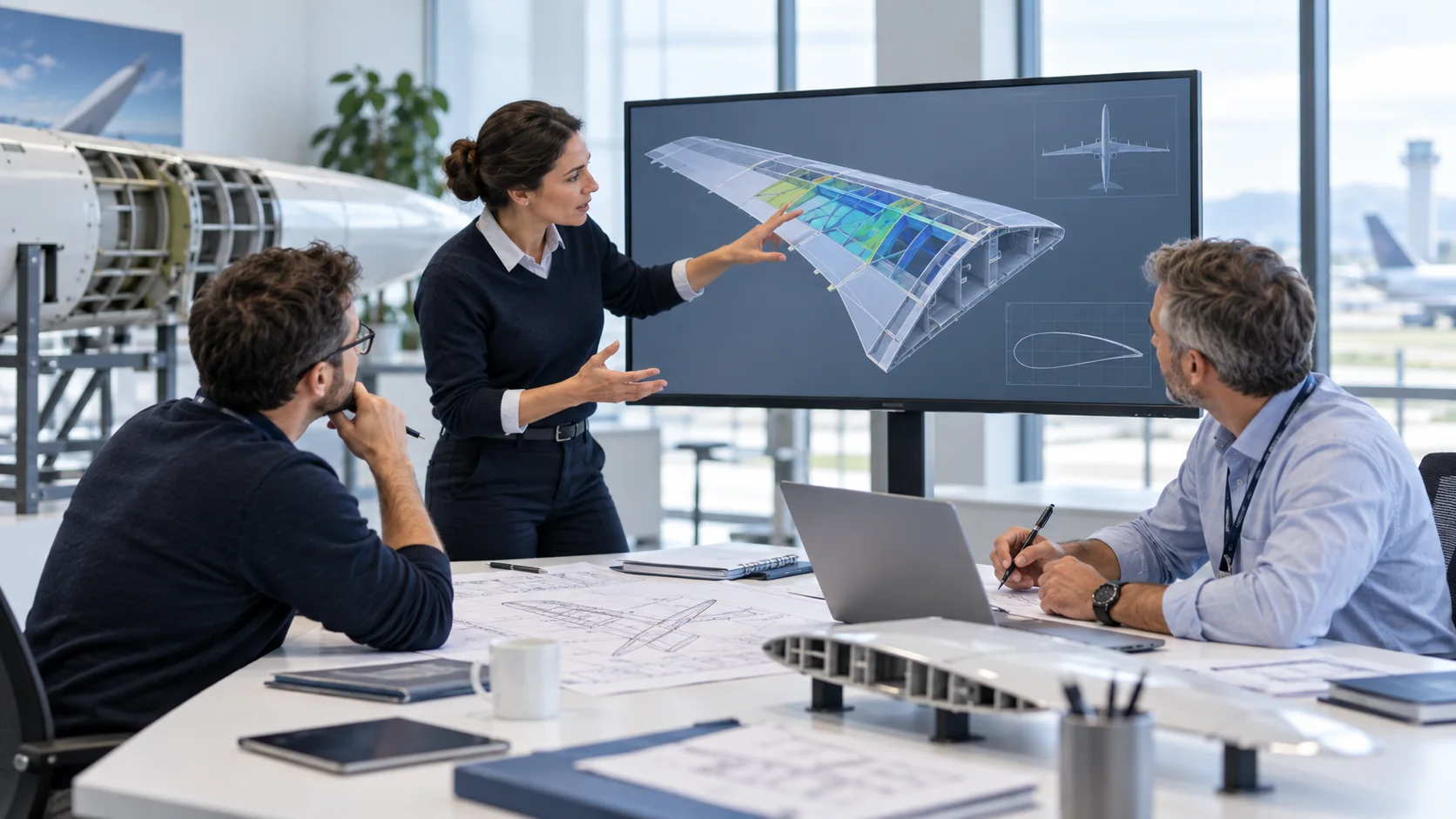 Aerospace engineers reviewing aircraft structural design and certification concepts
