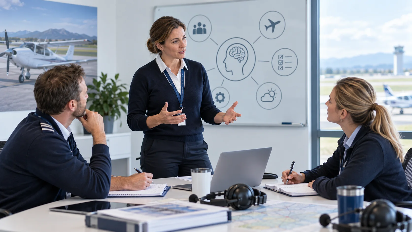 Aviation professionals taking part in an introductory safety and human-factors briefing