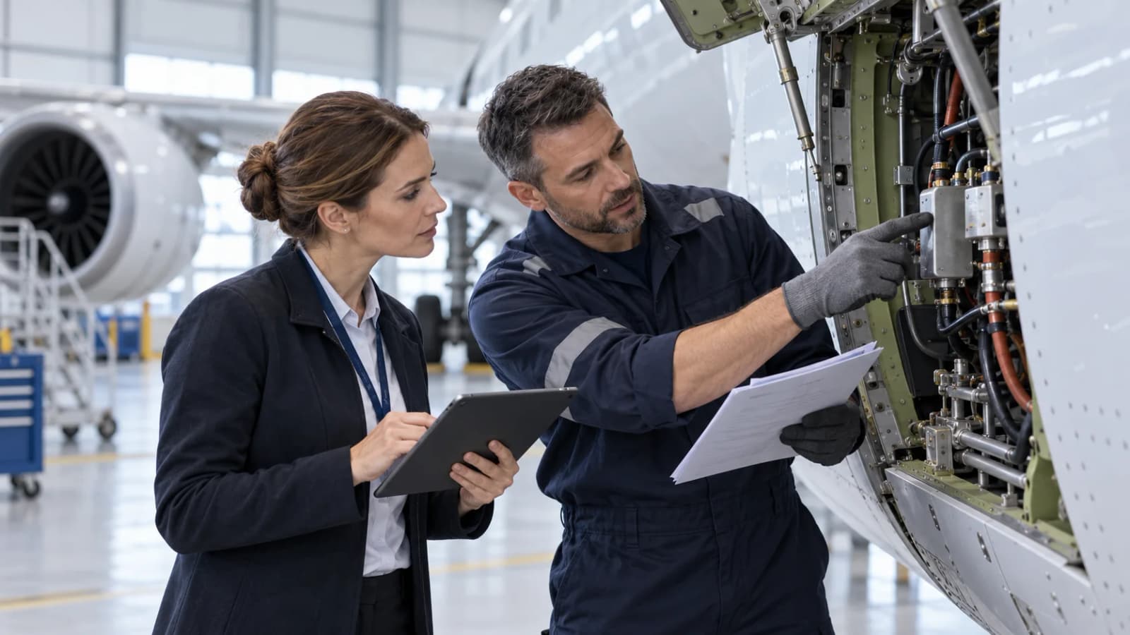 Aviation auditor and technician reviewing a maintenance area during a technical audit exercise