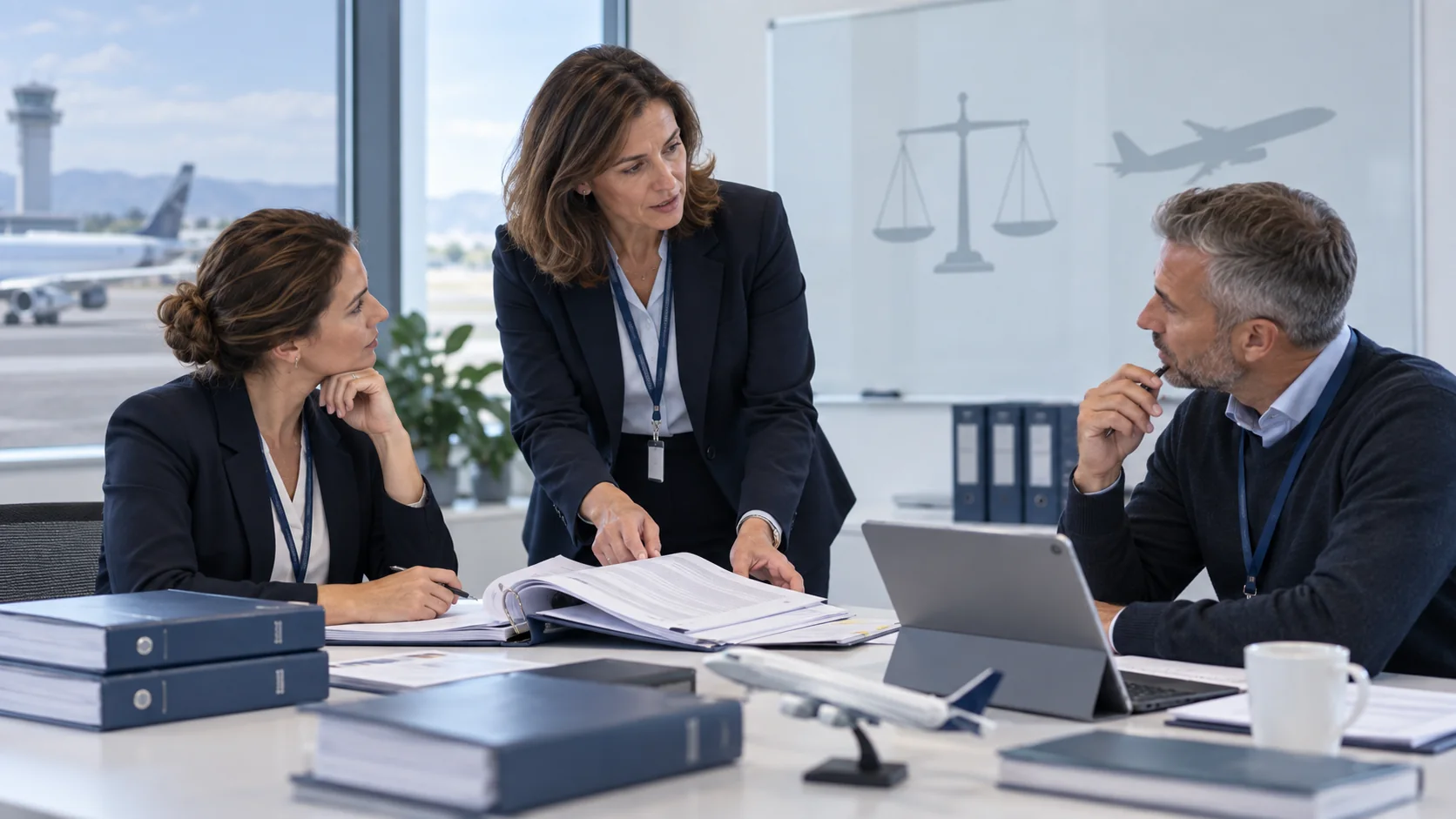 Aviation compliance professionals reviewing regulatory and legal documentation