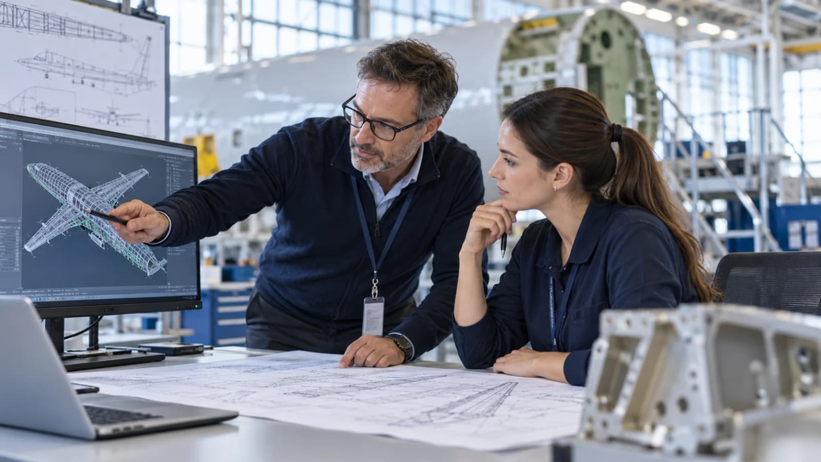Aerospace professionals reviewing aircraft design, certification, and structural documentation