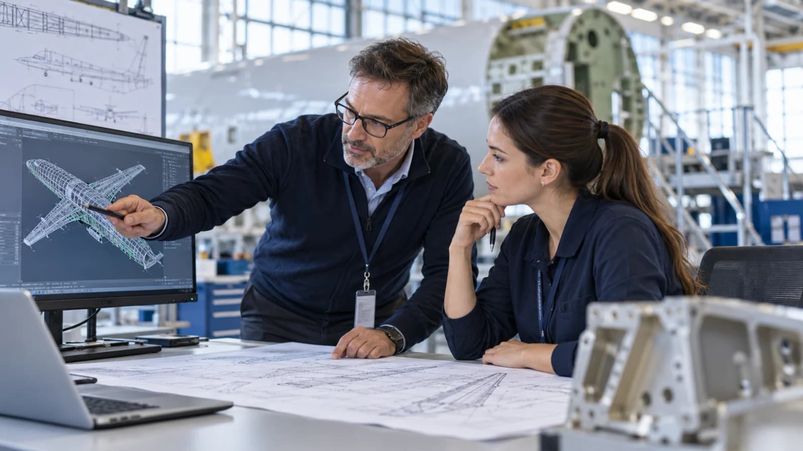 Aerospace professionals reviewing aircraft design, certification, and structural documentation
