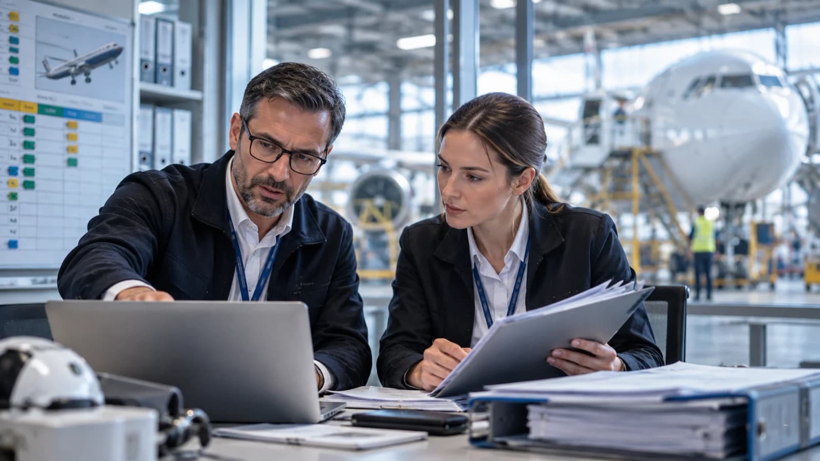 Continuing-airworthiness professionals reviewing maintenance planning and aircraft status records