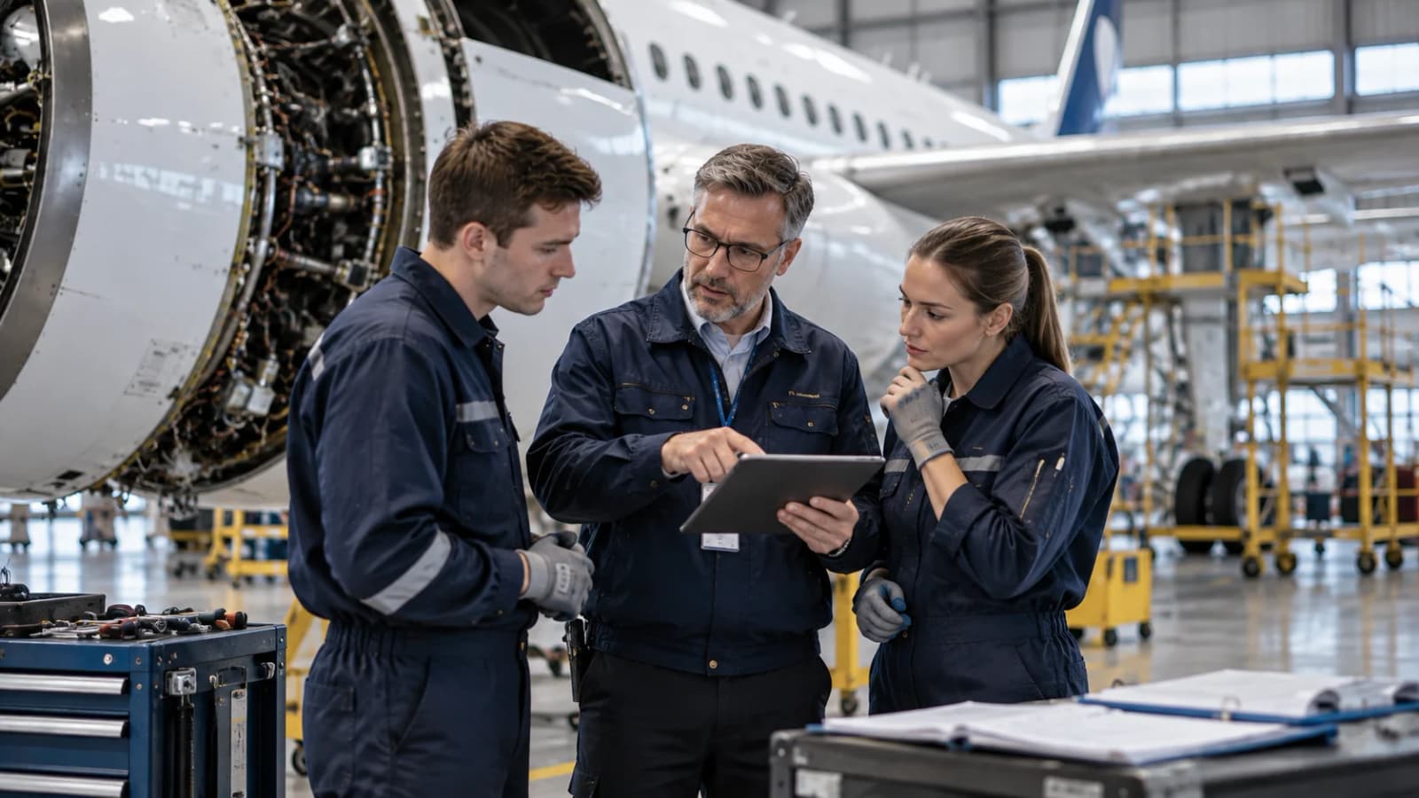 Aircraft maintenance professionals reviewing a controlled work package beside an aircraft