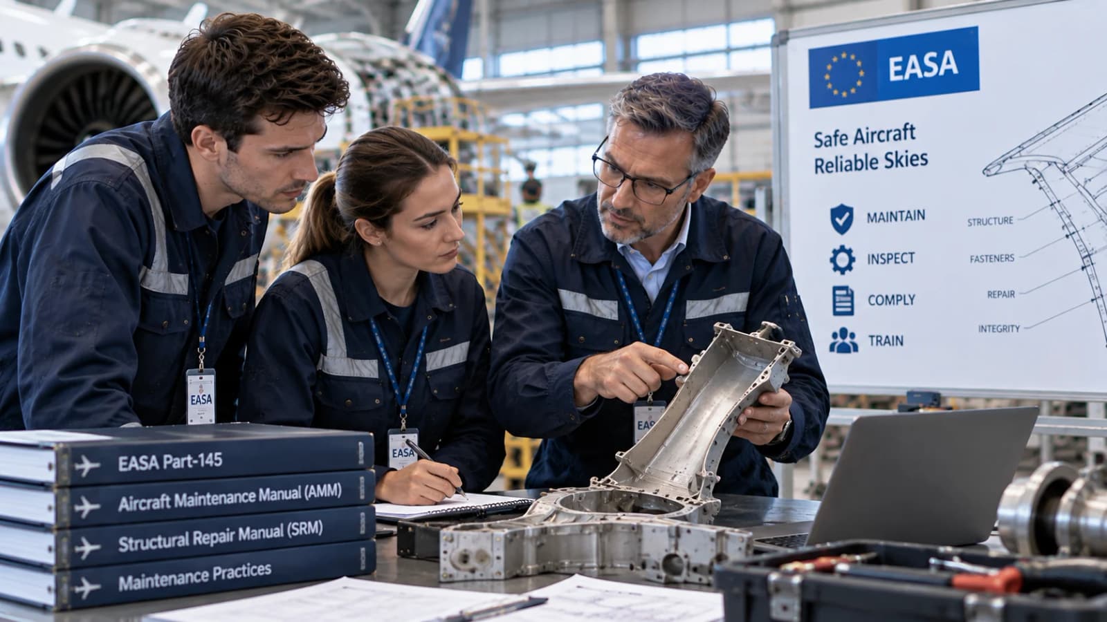 Licensed aircraft maintenance engineer mentoring a technician beside an aircraft system
