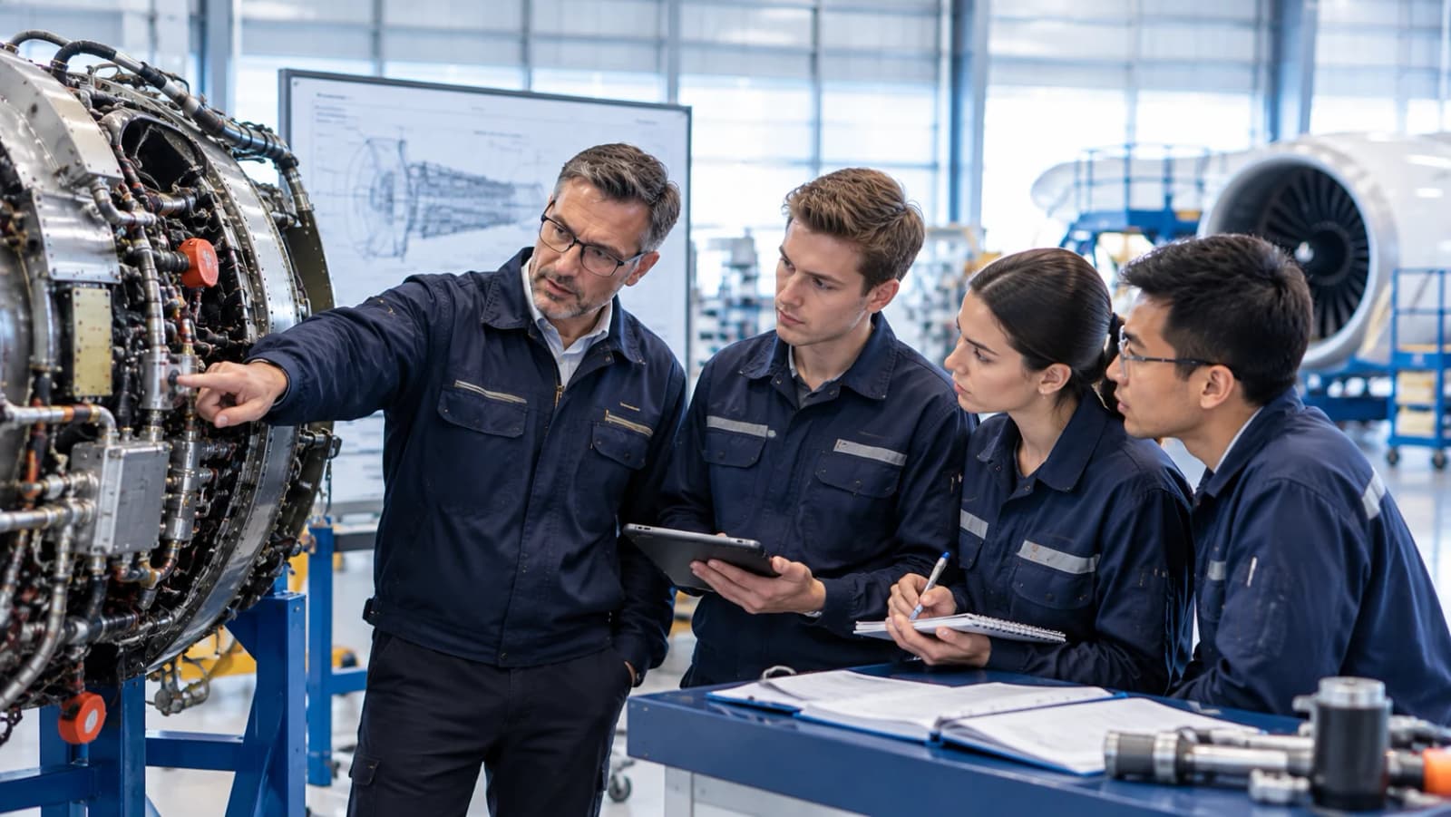 Aviation maintenance instructor teaching technicians in a dedicated technical training workshop