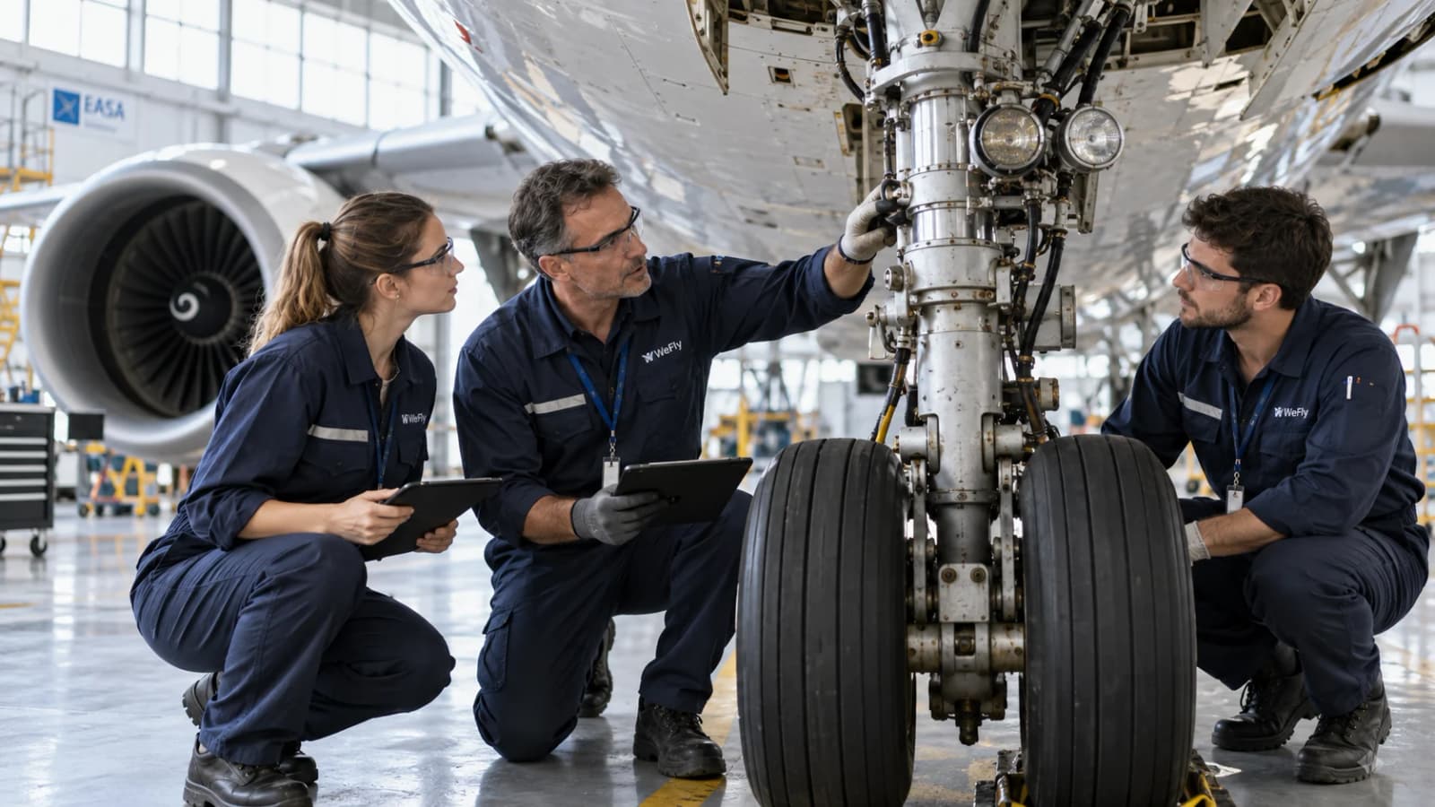 Airworthiness professionals carrying out a physical aircraft review and technical-record check
