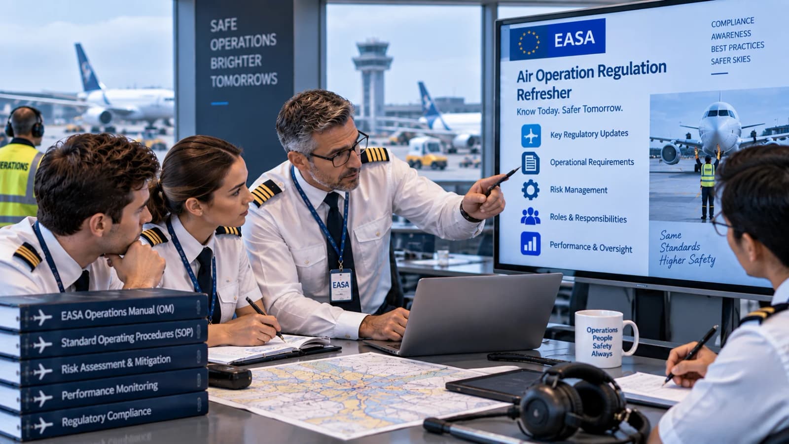Experienced flight-operations professionals reviewing updated procedures and recurrent regulatory knowledge
