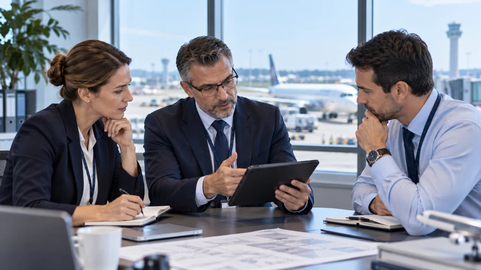 Aviation executives reviewing organisational safety and operational oversight in an airport office