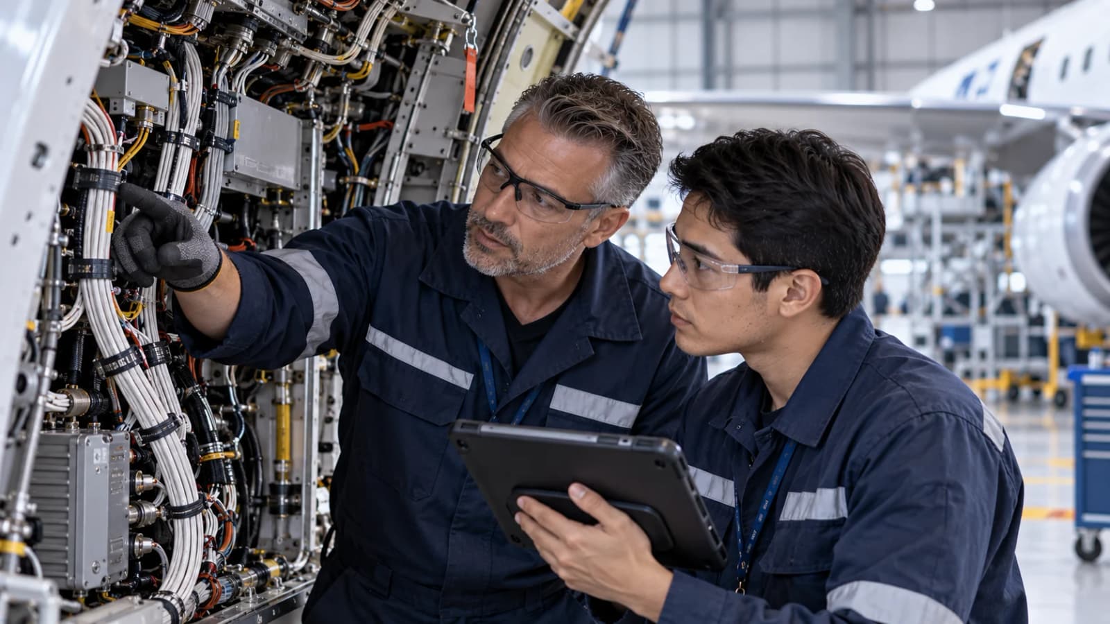 Aircraft electrical maintenance specialists inspecting wiring bundles and connectors in an aircraft equipment bay