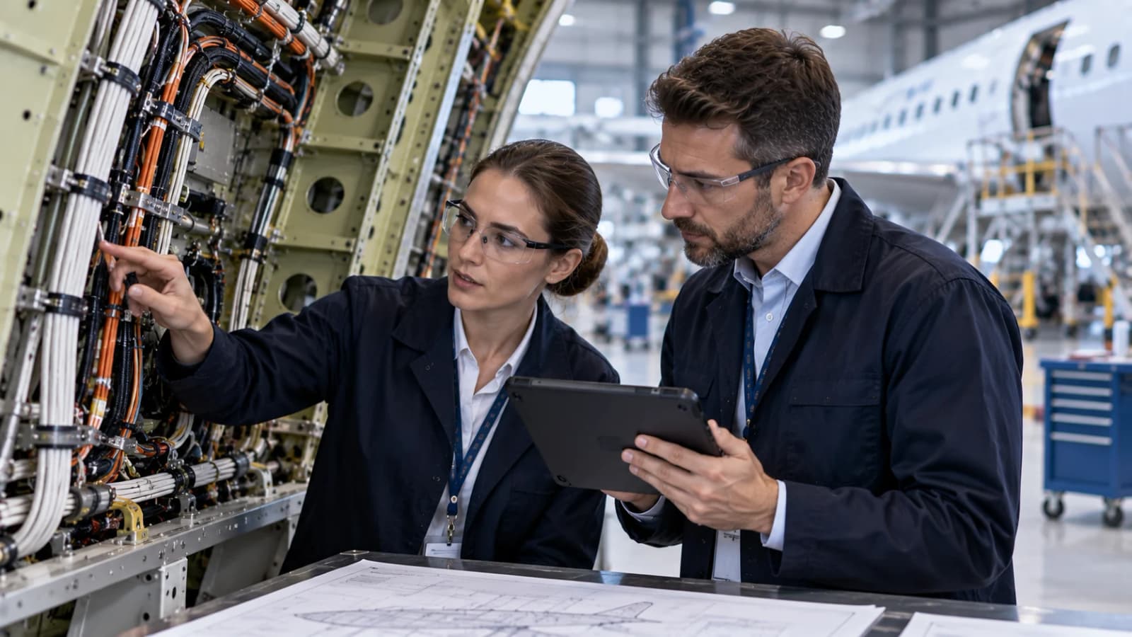 Aerospace professionals reviewing aircraft wiring installation and electrical safety considerations