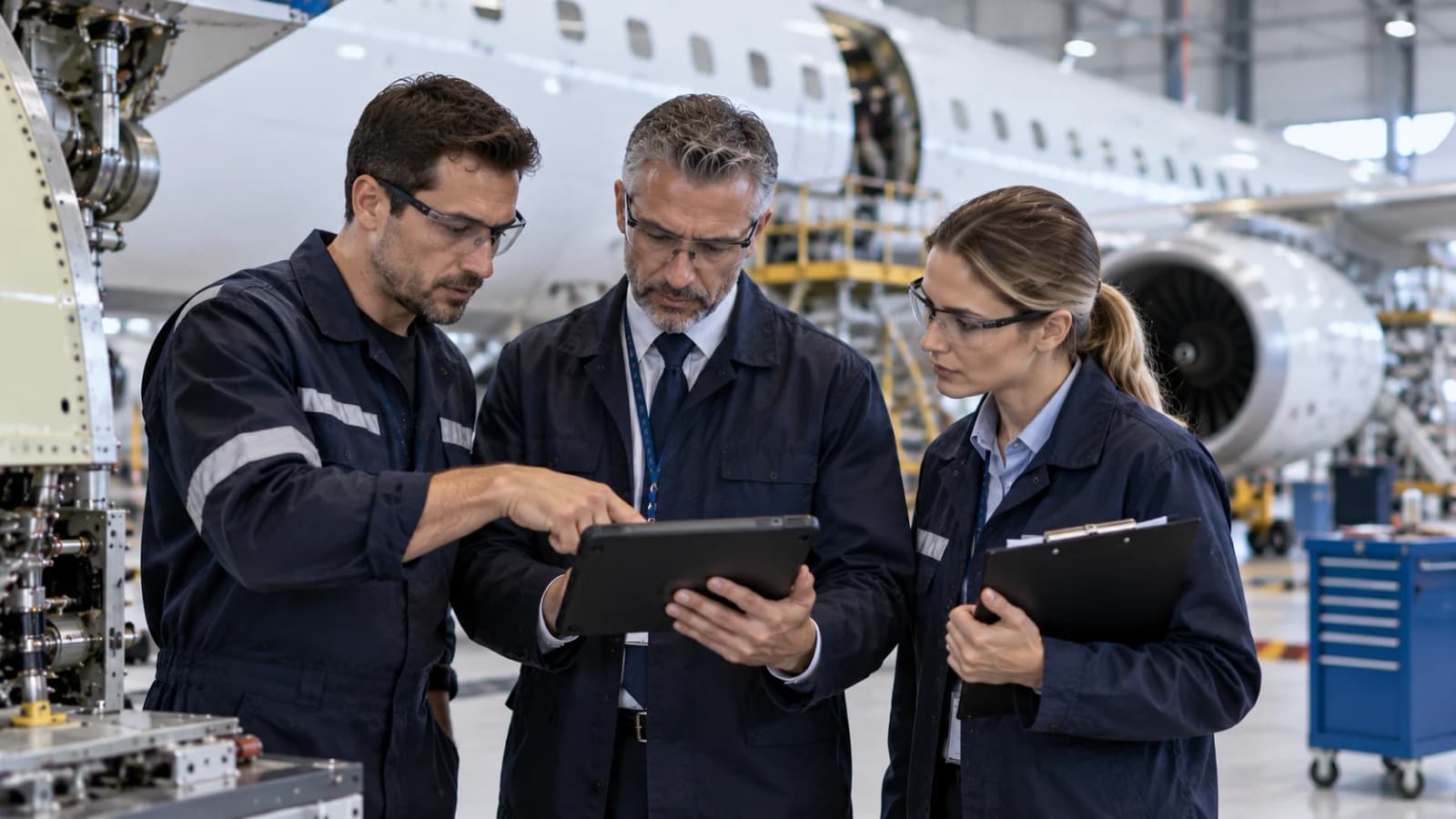Aircraft maintenance and quality professionals reviewing controlled work in a repair-station hangar
