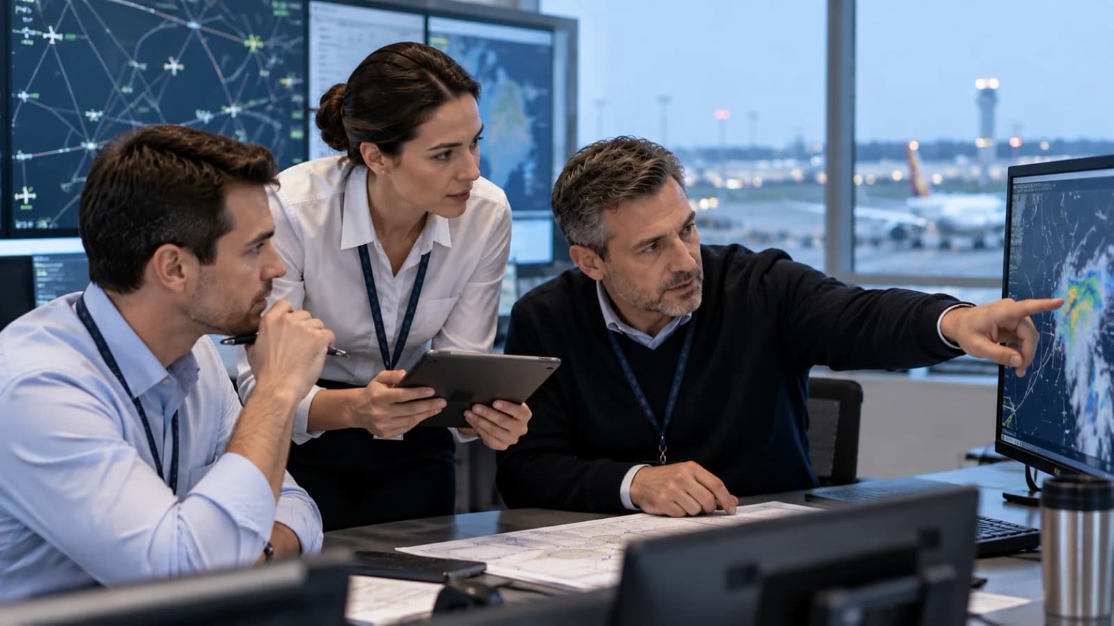Experienced flight dispatch professionals reviewing weather and operational flight-planning information
