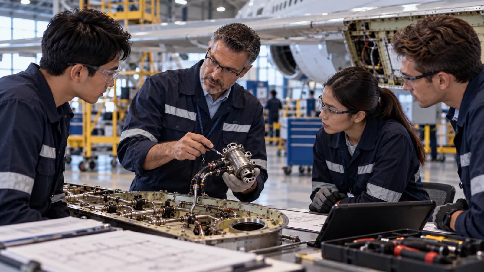 Aviation maintenance instructor demonstrating aircraft fuel-system components to technicians in a technical workshop