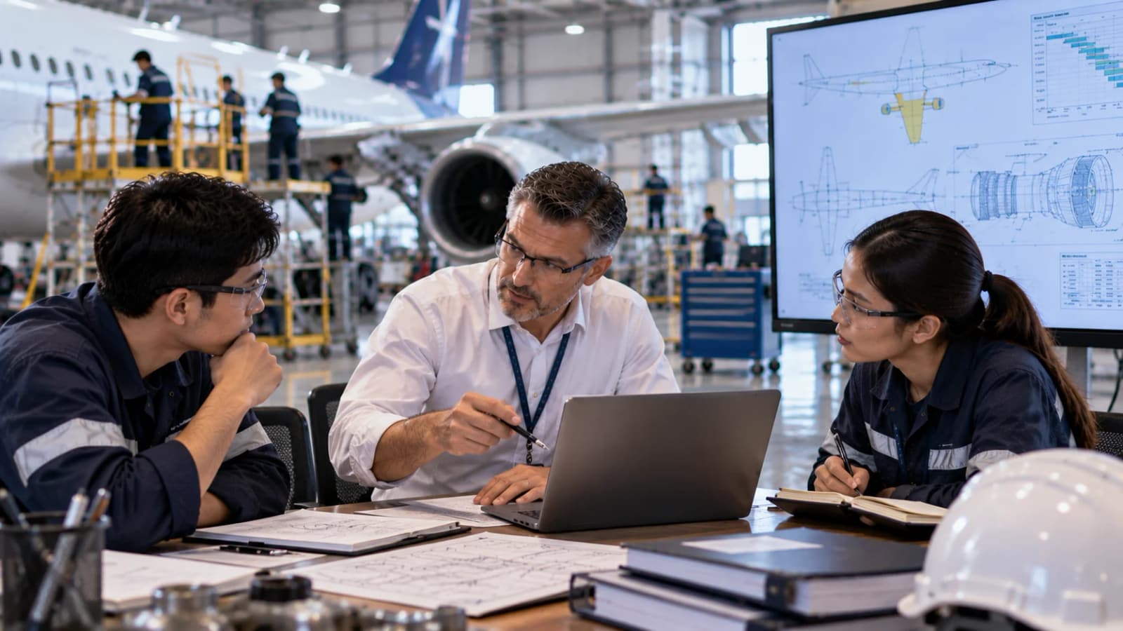 Aviation professionals reviewing aircraft maintenance planning and airworthiness information beside a hangar