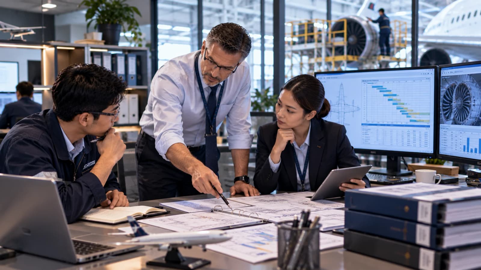 Aircraft maintenance-planning professionals reviewing technical records and a structured maintenance schedule