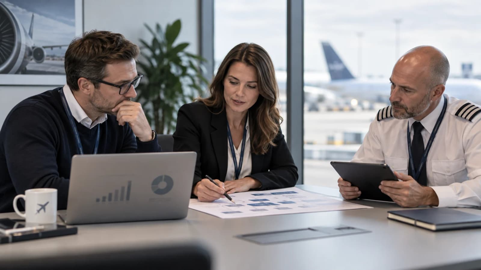 Aviation managers conducting a cross-functional management and operational oversight review