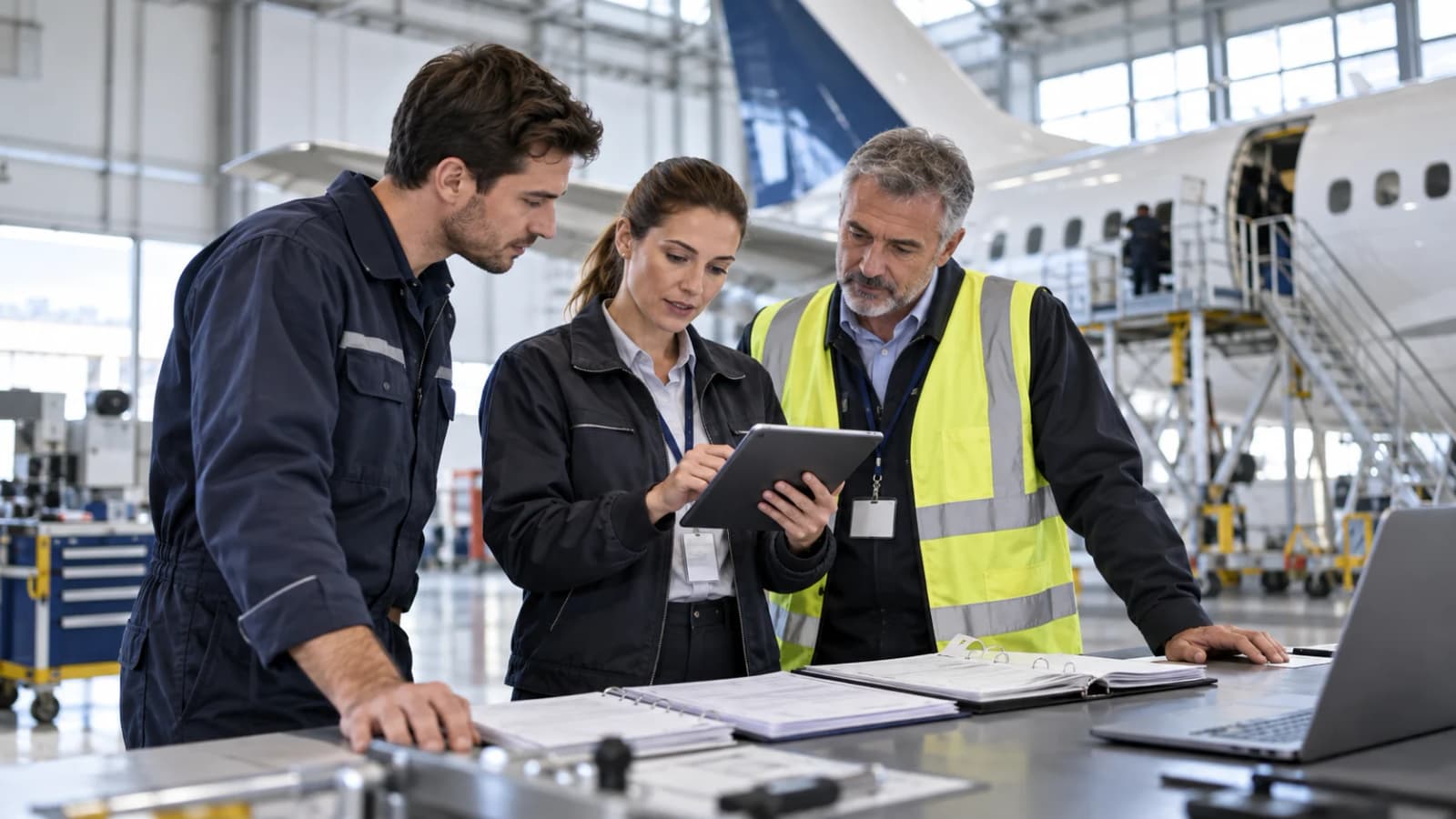 Aviation maintenance and quality professionals reviewing organisational work and compliance evidence in a hangar