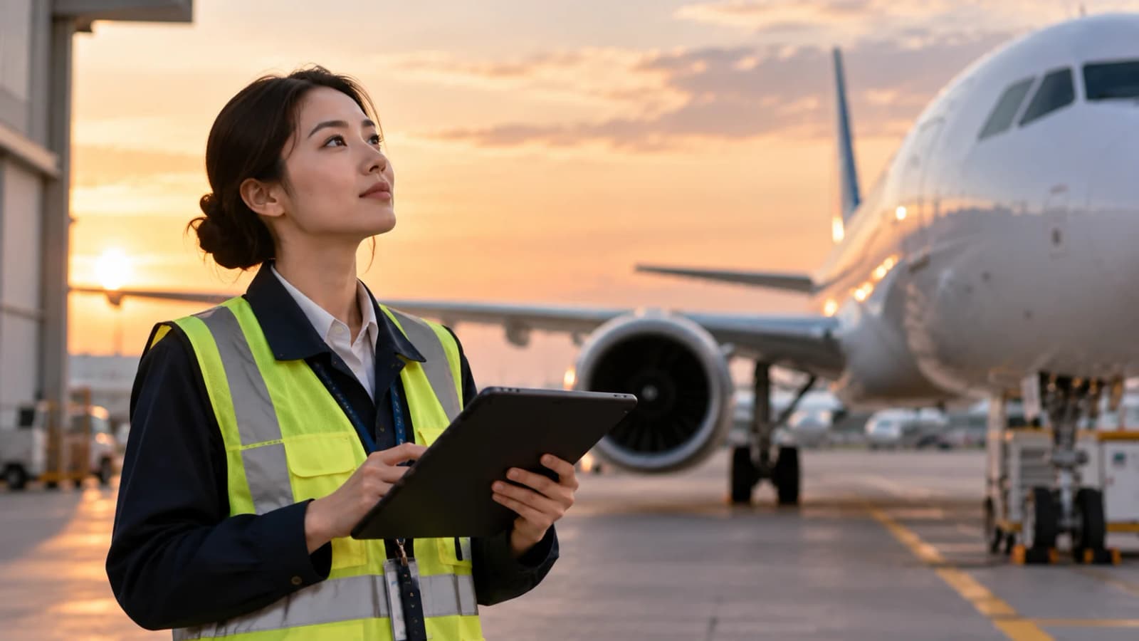 Continuing-airworthiness professional reviewing aircraft condition and technical information on an airport apron