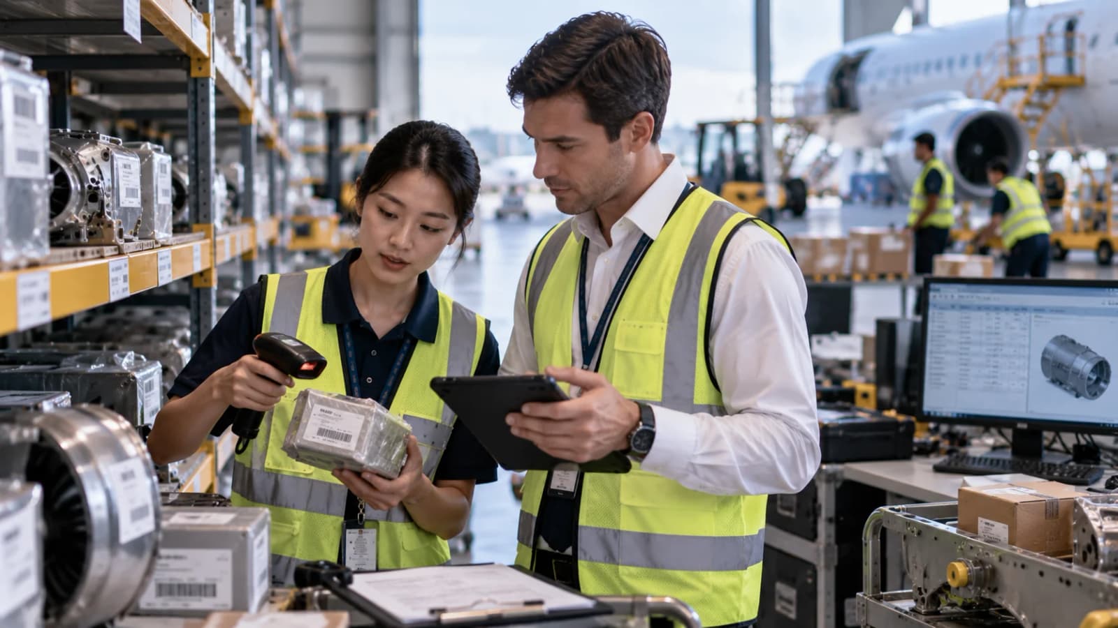 Aviation stores professionals scanning and reviewing packaged aircraft components in an MRO parts warehouse