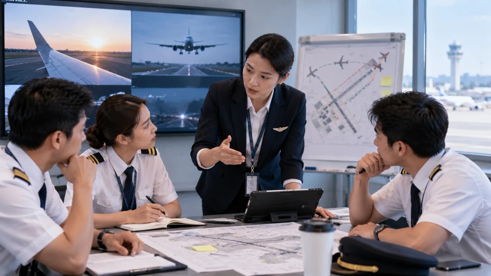Flight crew and an instructor discussing operational threats, decisions, and crew coordination in a briefing room