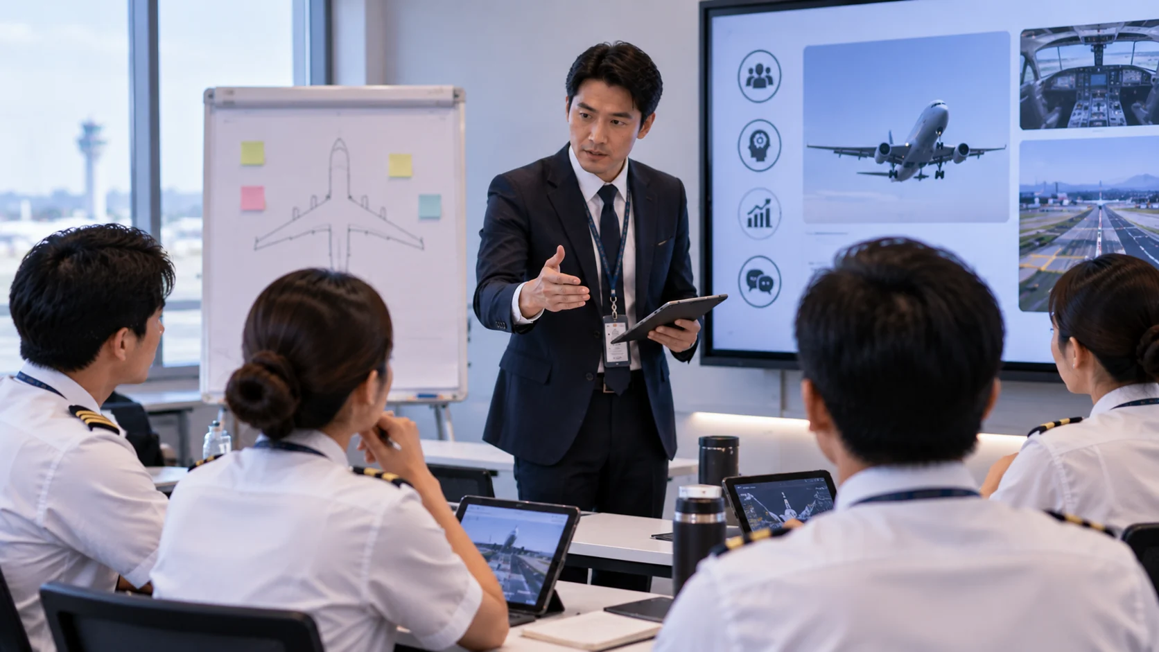 Aviation instructor using digital teaching tools during a modern classroom training session