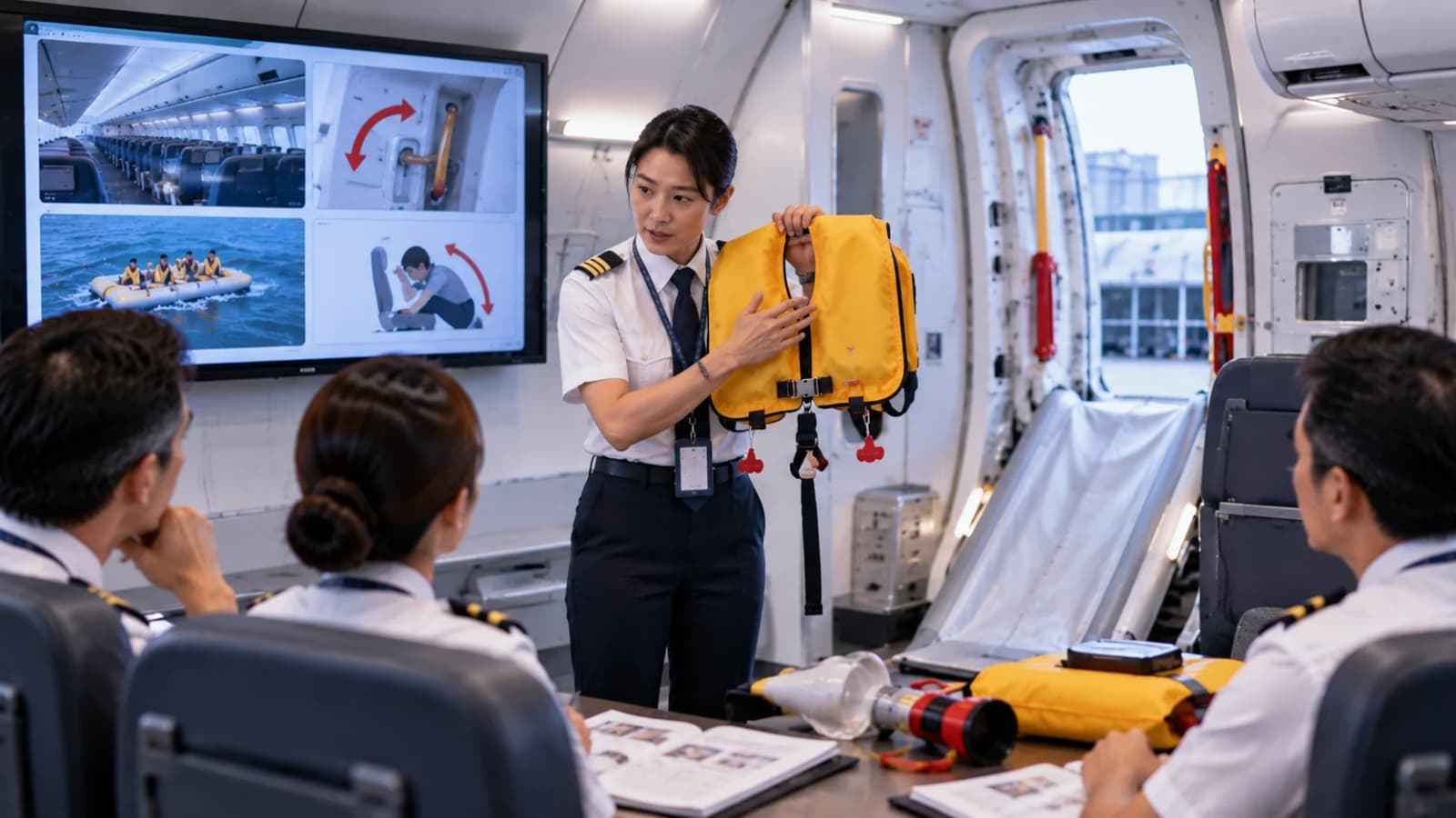 Aviation safety instructor demonstrating cabin emergency equipment in an aircraft training mock-up