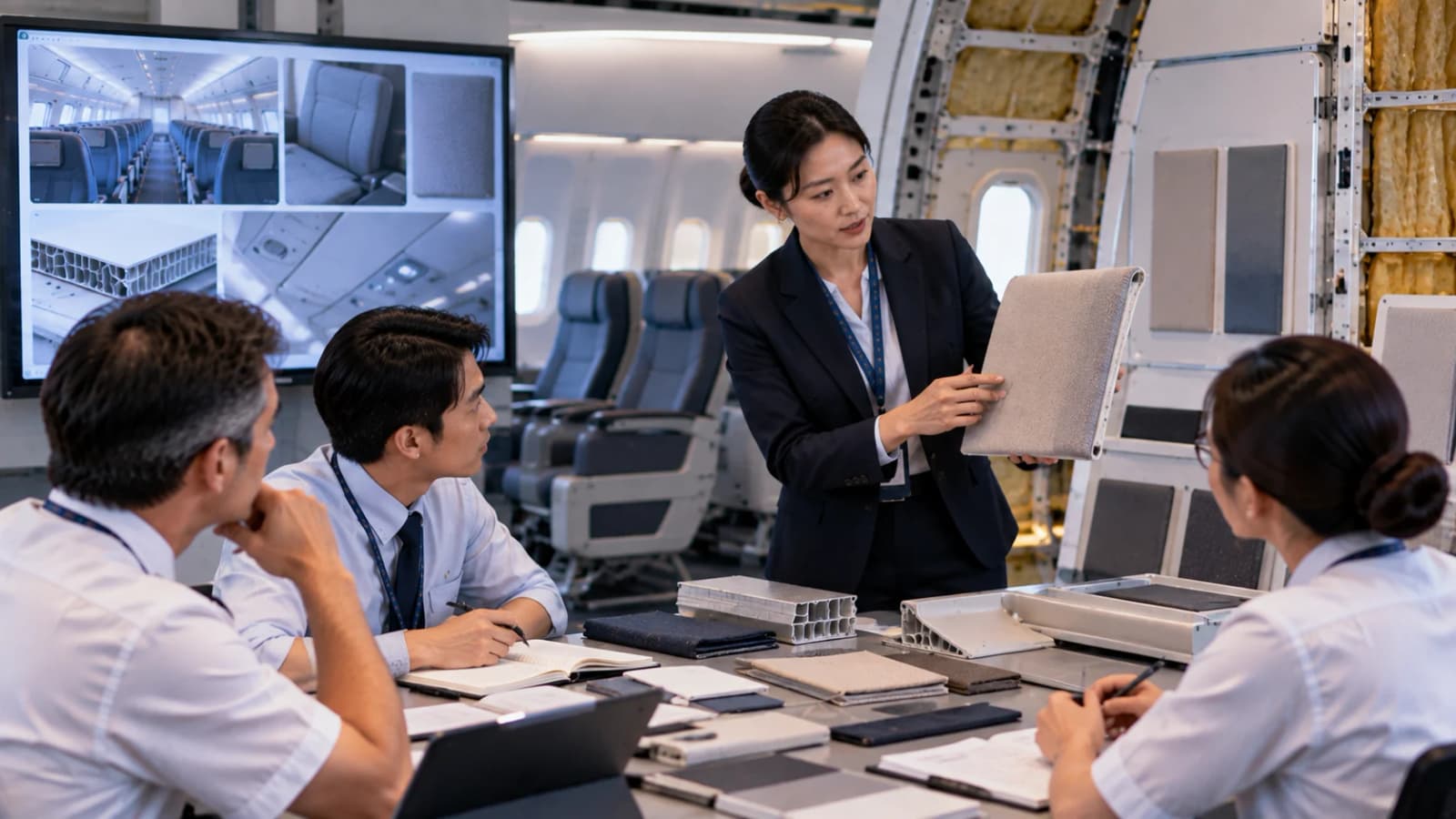 Aircraft interior certification professionals reviewing cabin materials, panels, and component samples