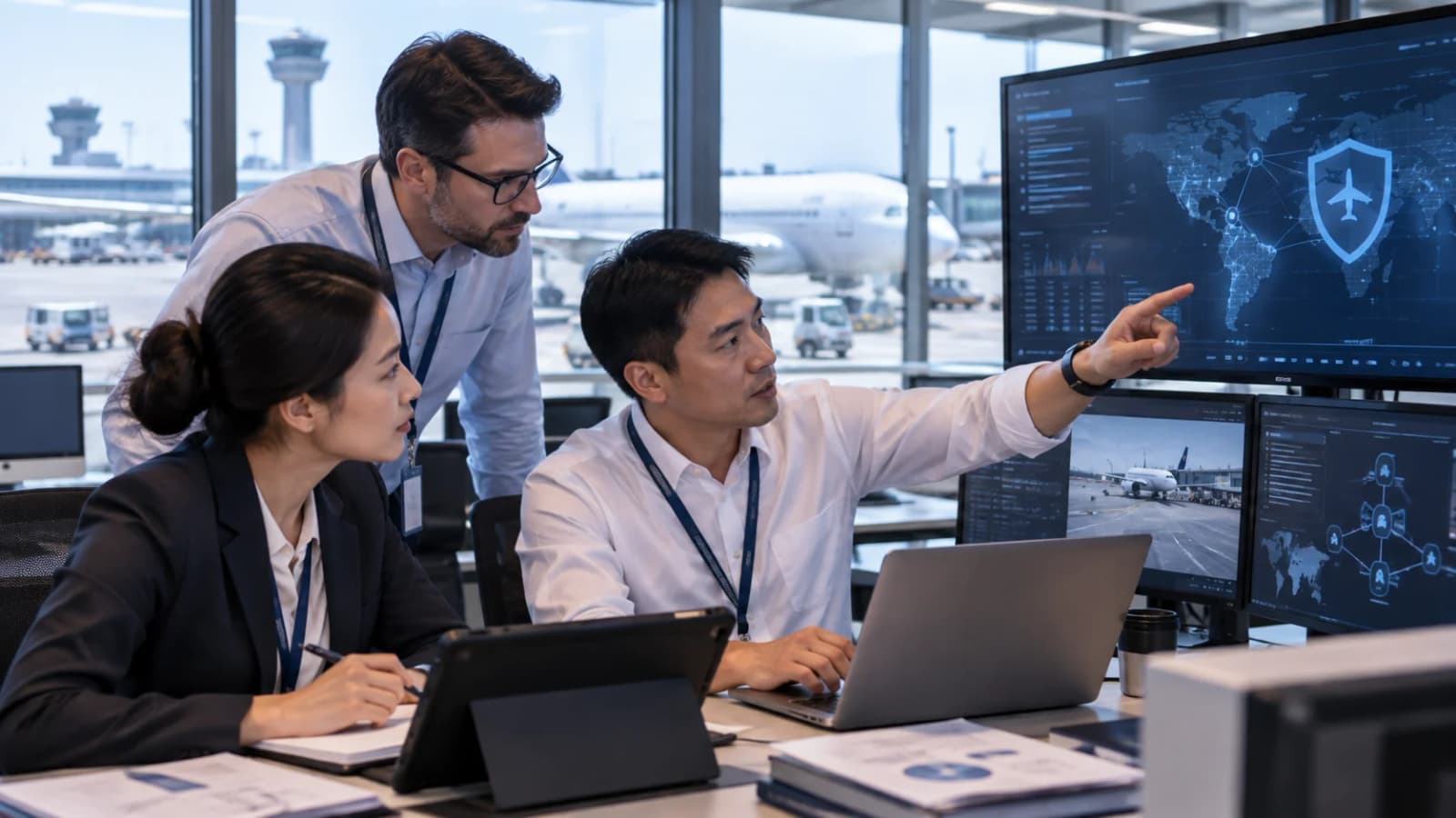 Aviation information-security professionals reviewing cyber risk and operational resilience in an airport operations centre